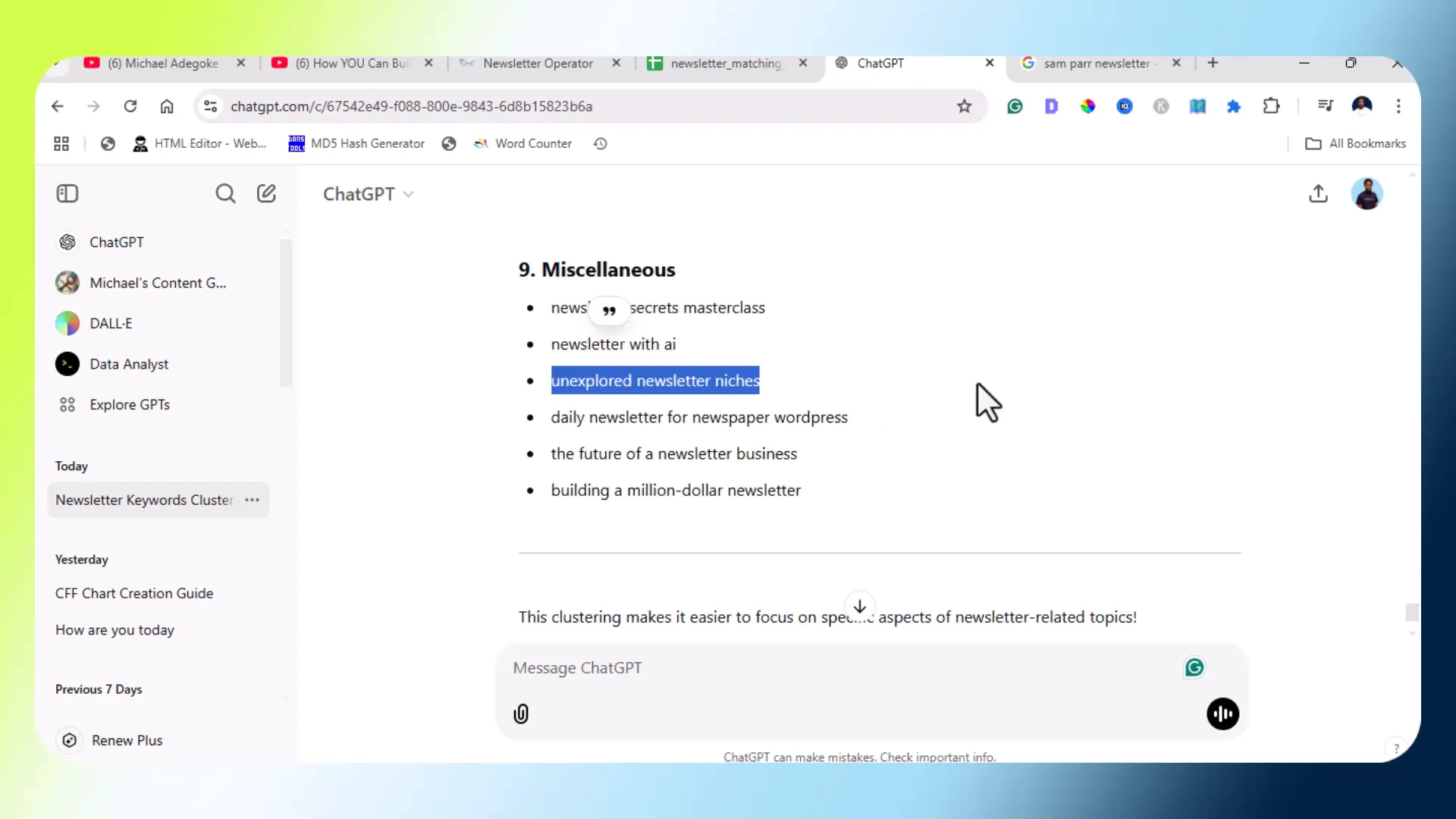 Newsletter secrets and master classes keywords