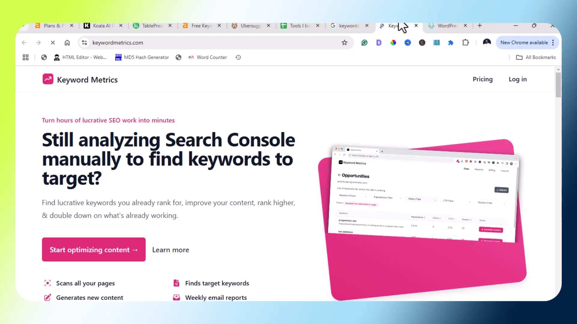 Keyword Metrics dashboard